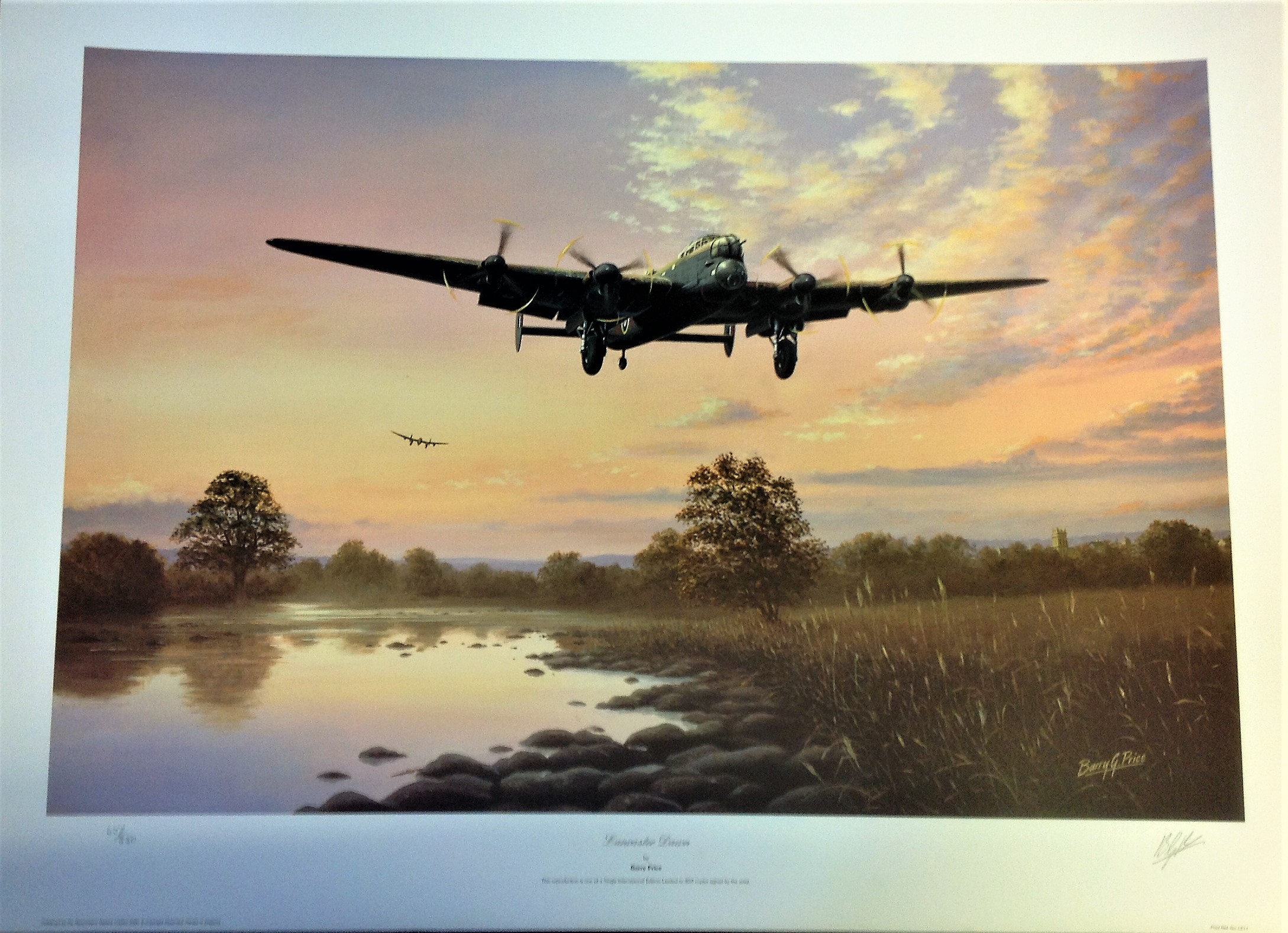 World War Two print 28x20 approx titled Lancaster Dawn signed in pencil by the artist Barry Price.