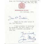 AVM Brian Stanbridge AFC signed note on Buckingham Palace notepaper replying to an autograph