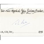 AVM John Barker DFC signed 6 x 4 white card with name and details neatly written to top and