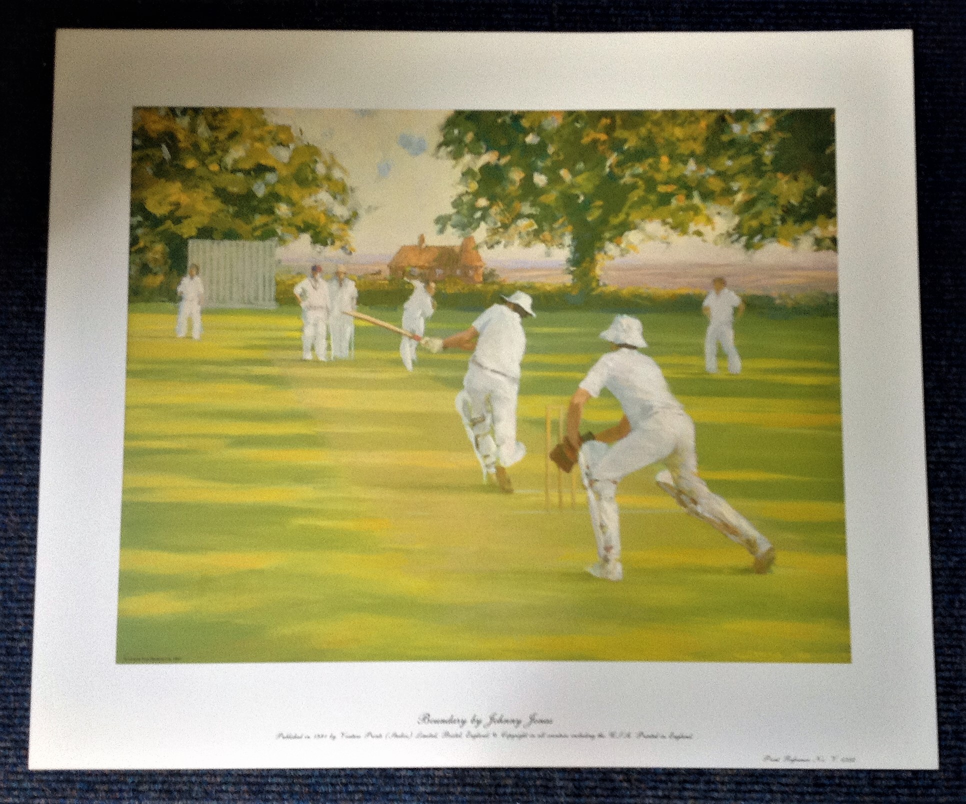 Cricket print approx 22x18 titled Boundary by the artist Johnny Jonas picturing typical scene from a