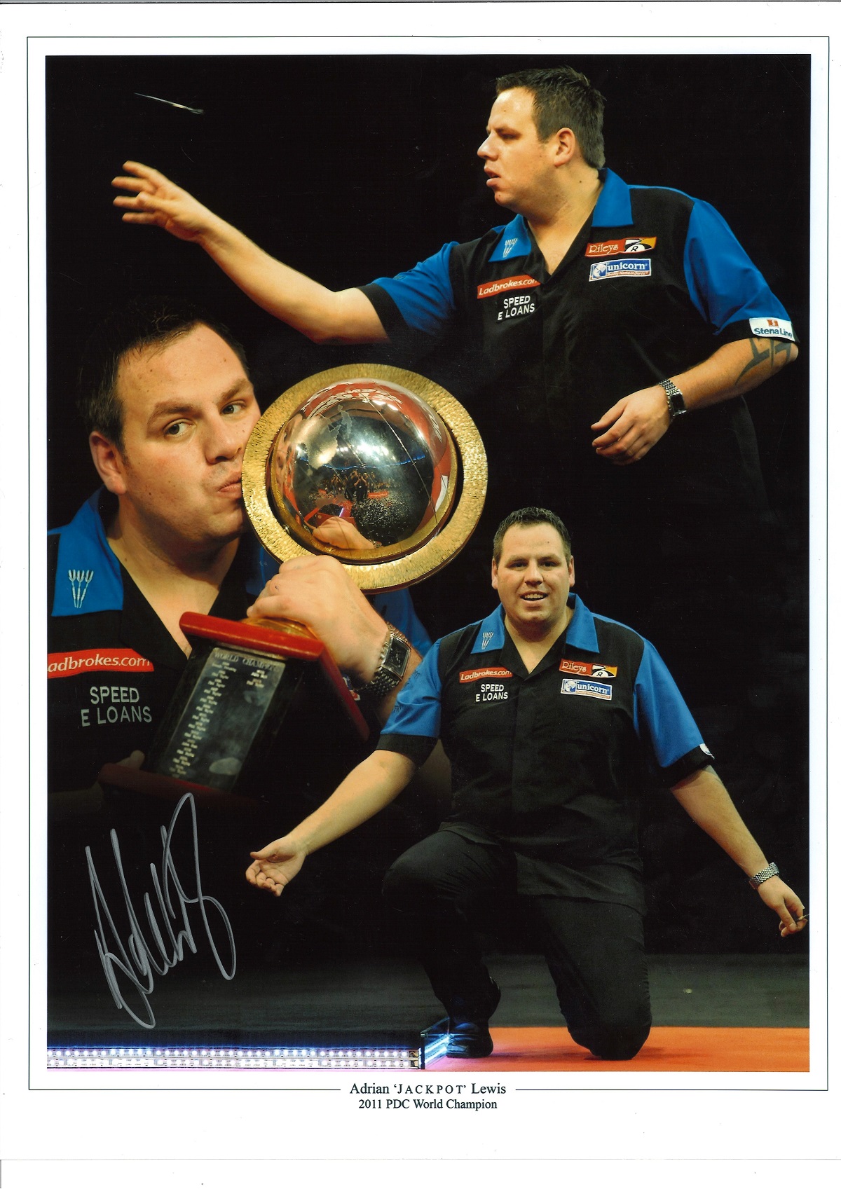 Arian Jackpot Lewis signed 16 x 12 inch darts photo. Good Condition. All autographs are genuine hand