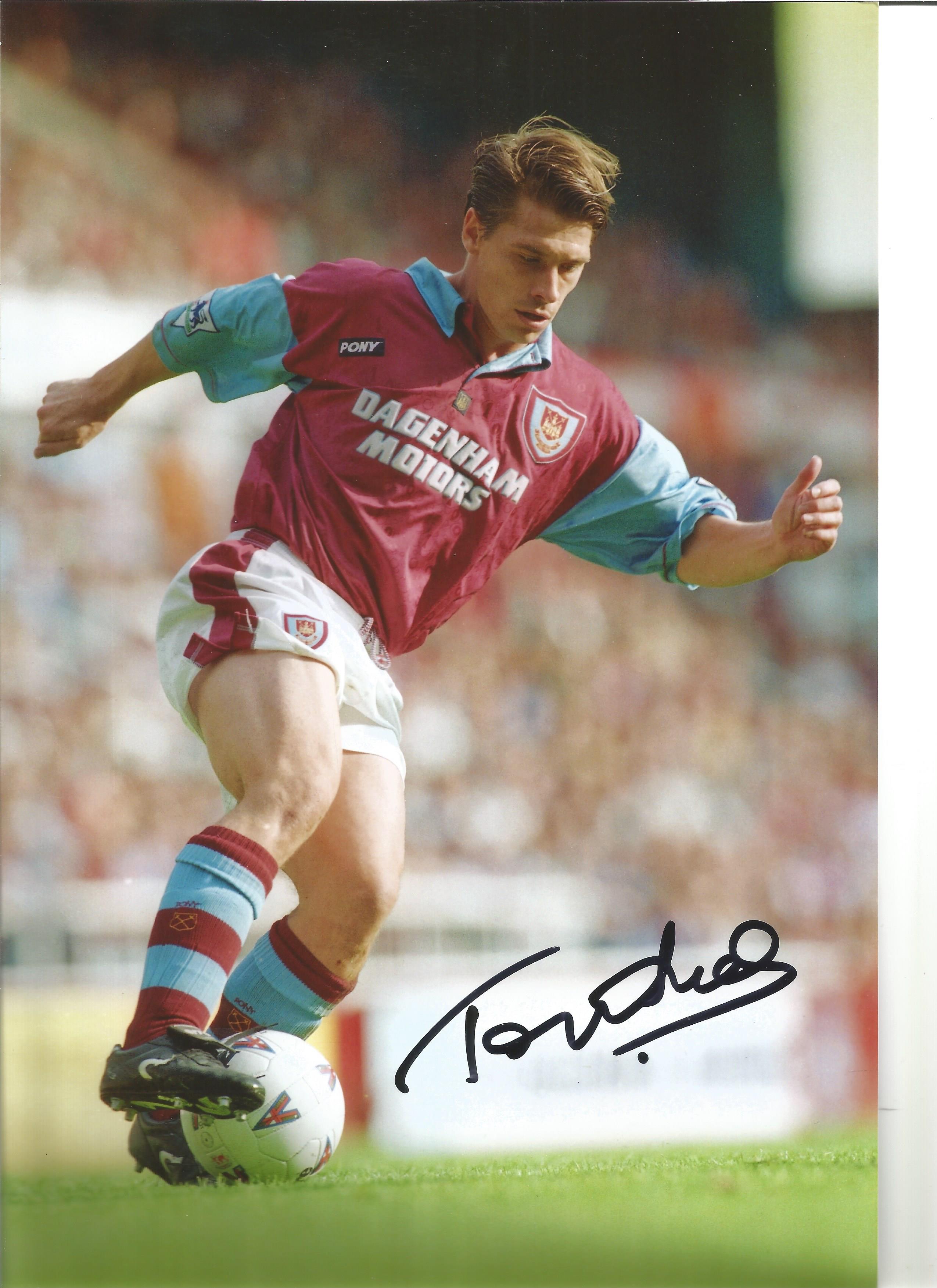 Tony Cottee 12 x 8 inch signed colour football photo pictured in action for West Ham United.