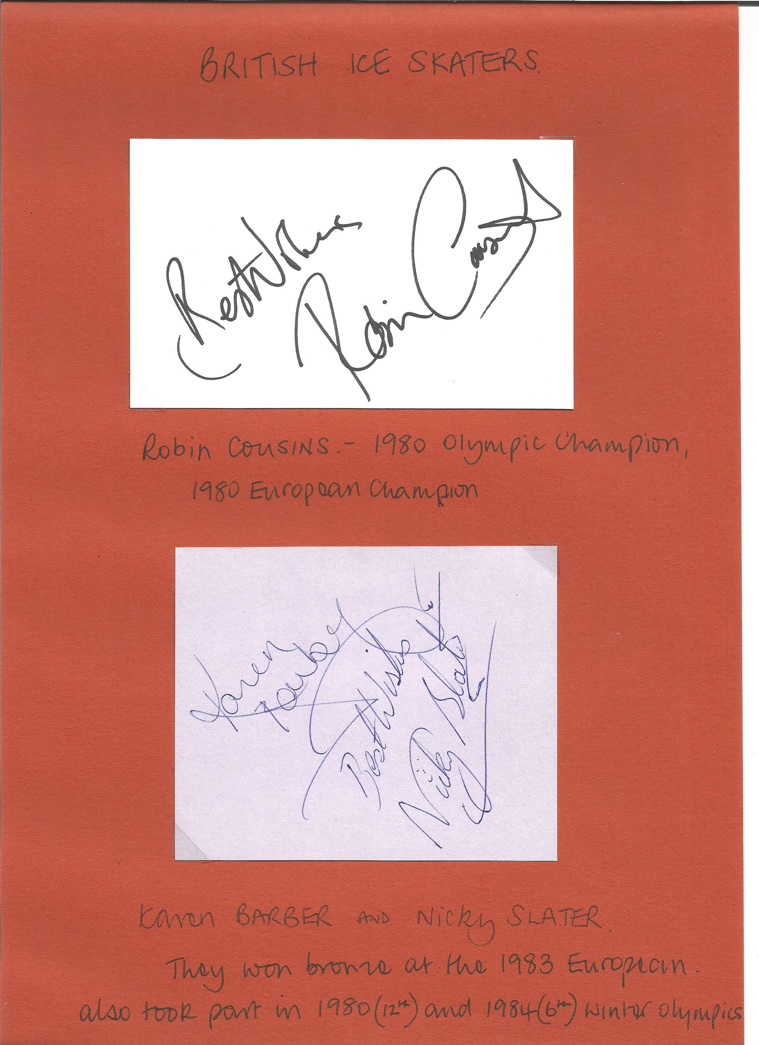 Ice Skating Robin Cousins signed card, Karen Barber and Nicky Slater album page fixed by corner tabs