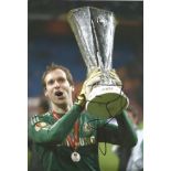 Petr Cech Signed Chelsea UEFA Cup 8x12 Photo. Good Condition. All autographs are genuine hand signed