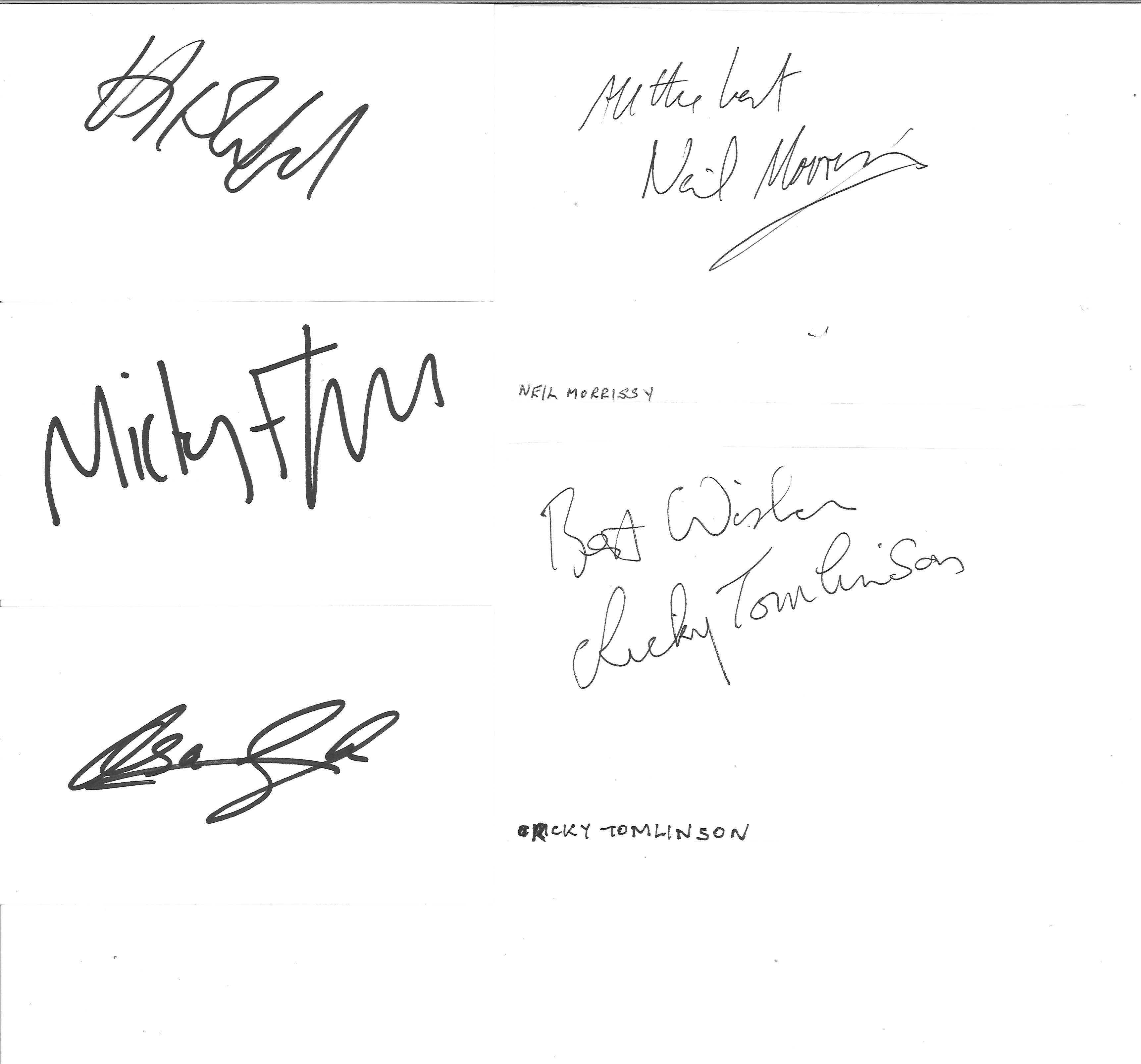 Comedians signed white card collection. 5 in total. Includes Harry Enfield, Micky Flanagan, Alexi