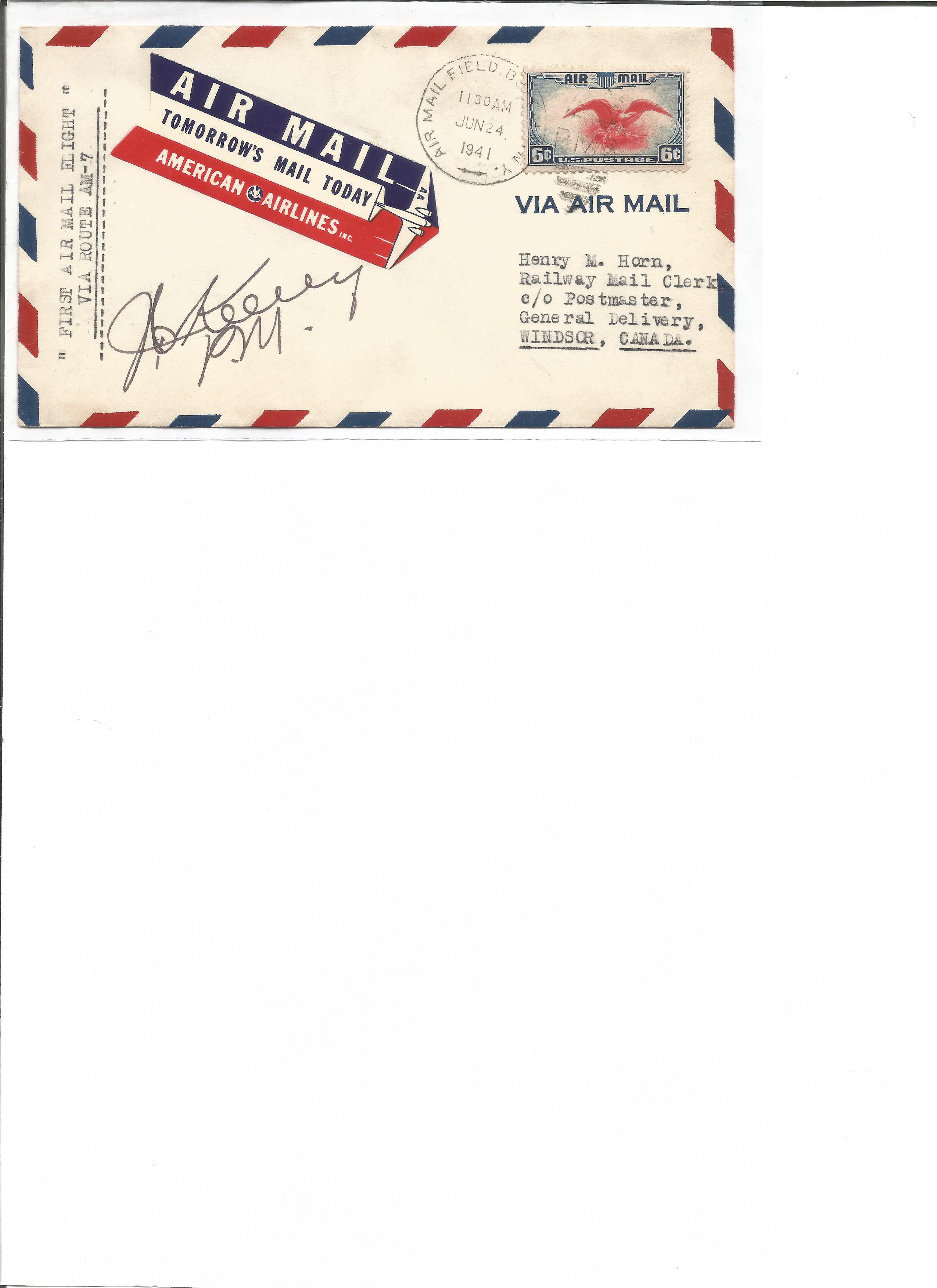 24 June 1941 first flight cover via route AM-7. Good Condition. All autographs are genuine hand