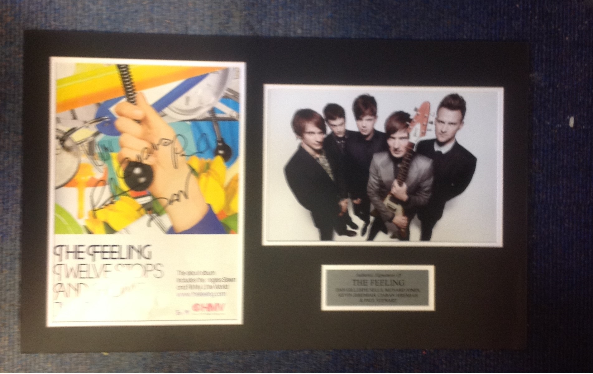 The Feeling signed album flyer mounted alongside colour photo. Approx overall size 22x14. Good