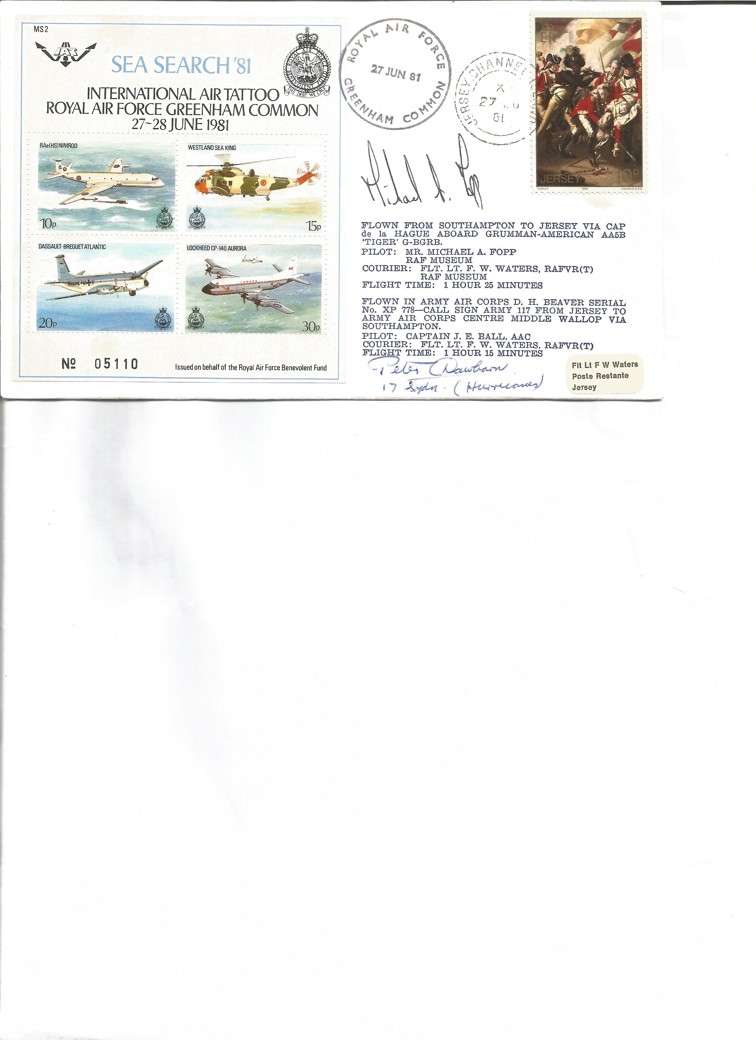 PO Peter Dawbarn 17 Sqdn and Michael Fopp signed Sea Search 81 International Air Tattoo cover.