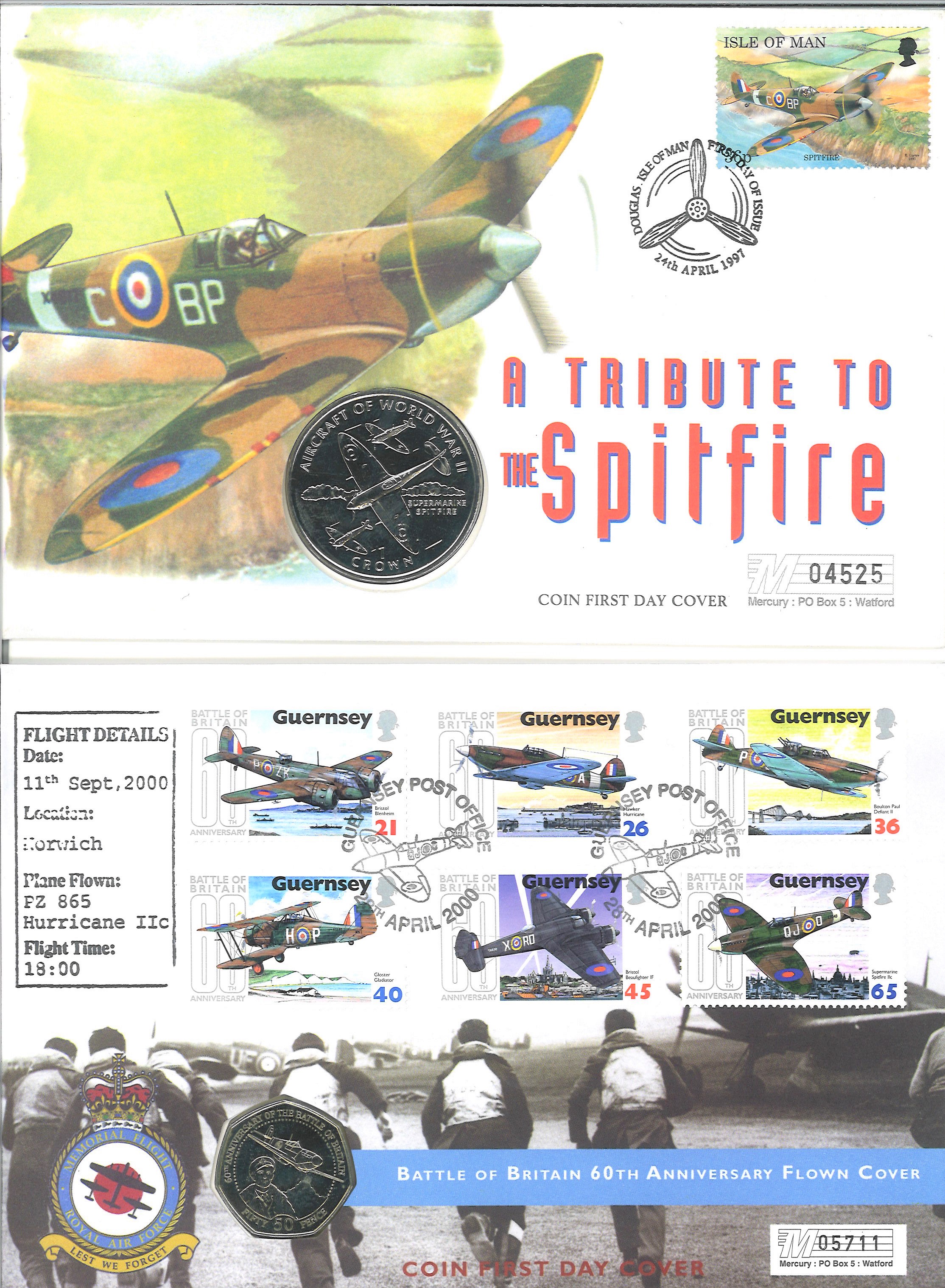 Two Coin FDC's Includes Battle of Britain 60th anniversary8 flown cover with commemorative 50pence