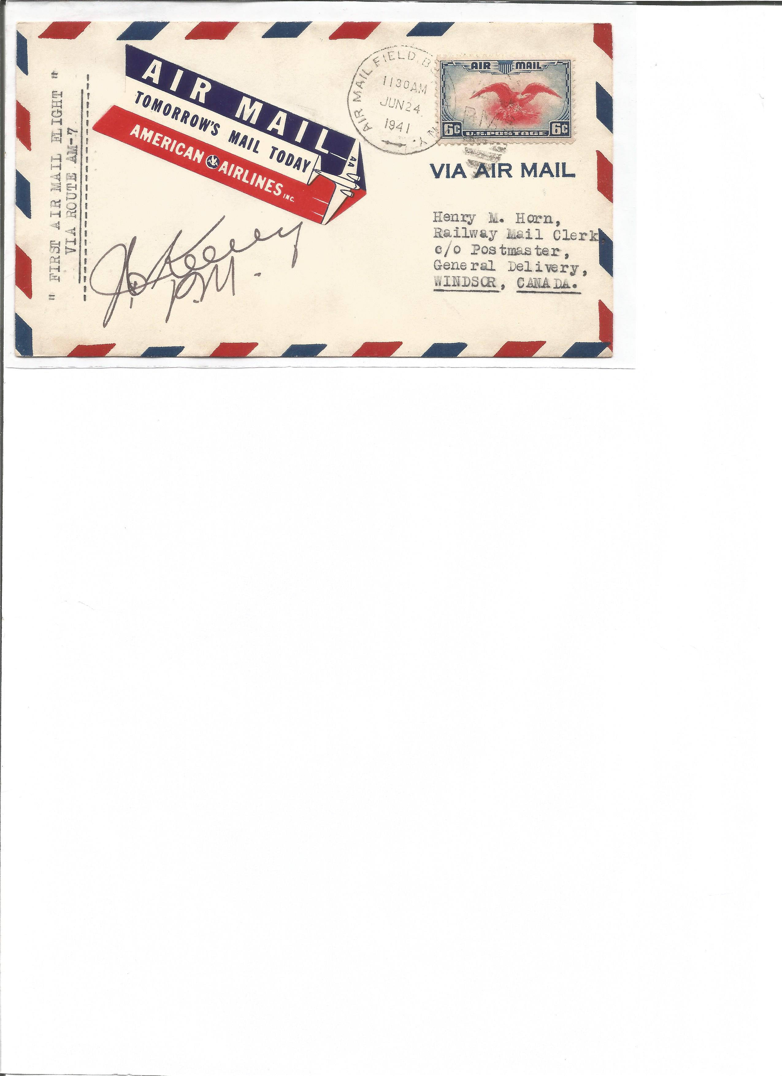 24 June 1941 first flight cover via route AM-7. Good Condition. All autographs are genuine hand - Image 2 of 2