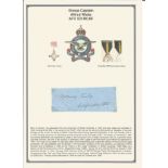 Group Captain Alfred Watts AFC ED RCAF signed small blue paper / signature piece attached to a