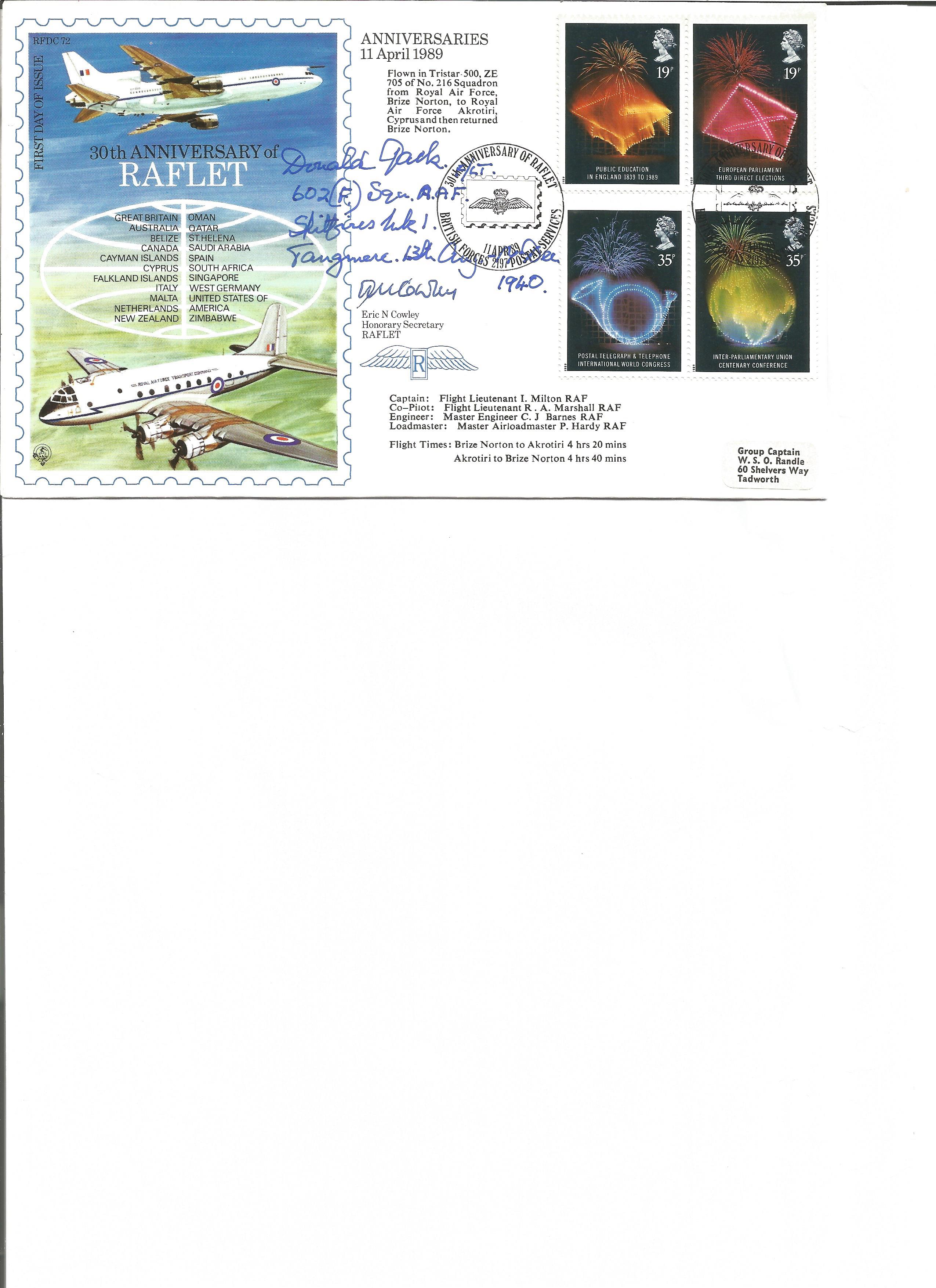 Donald Jack 602 sqd signed 30th anniv of Raflet cover. Also signed by Eric Cowley honorary secretary