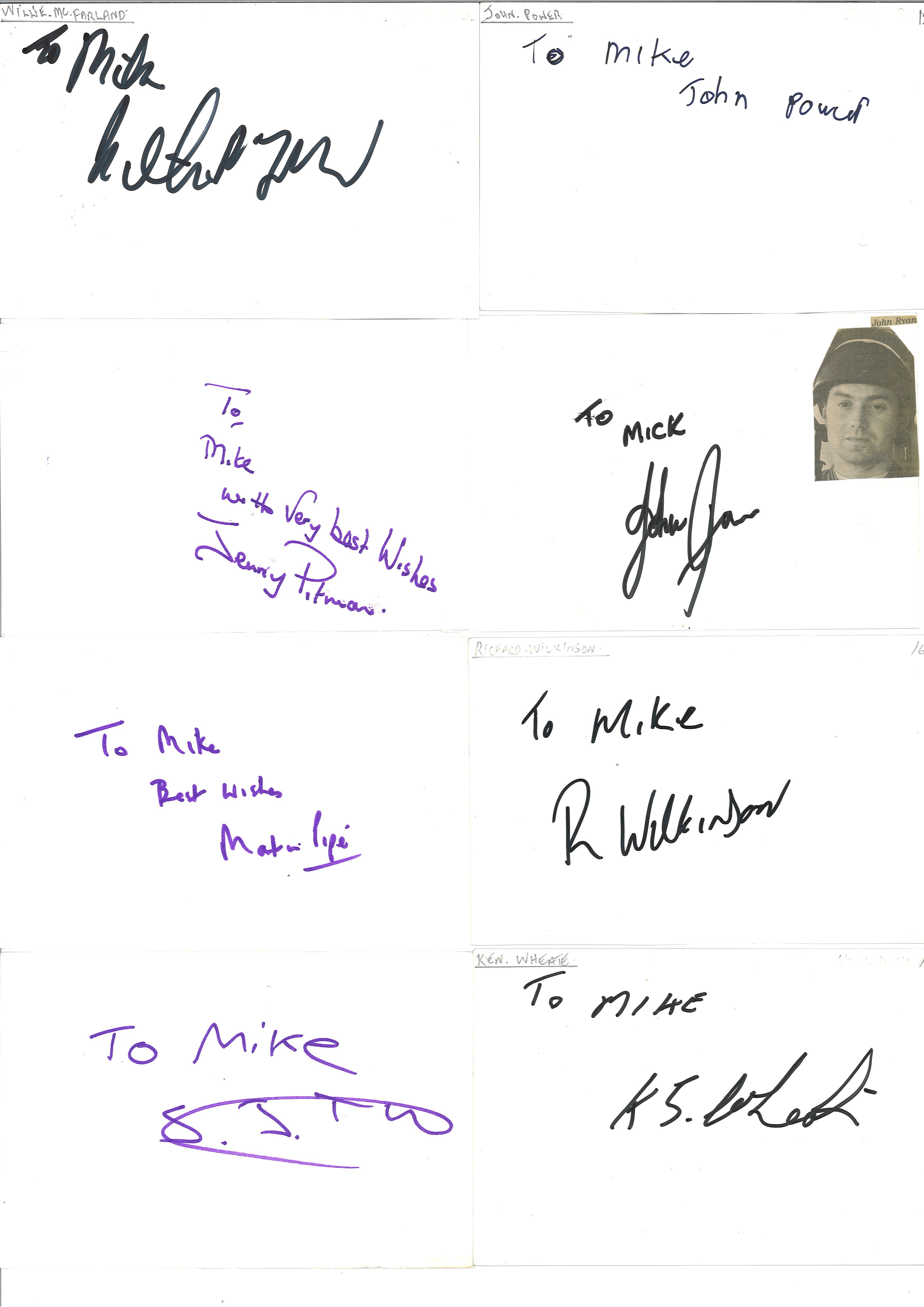 Assorted 6x4 white card signed collection. Mainly horse racing. Some of names included are Willie