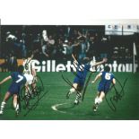 Andy Gray, Peter Reid and Trevor Steven Everton Signed 12 x 8 inch football photo. Supplied from