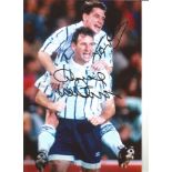 Tony Cottee and Dave Watson Everton Signed 12 x 8 inch football photo. Supplied from stock of www.