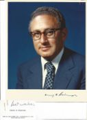 Henry Kissinger US politician signed 10 x 8 colour business suit photo, with business card inscribed