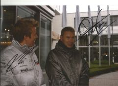 Motor Racing Hakkinen and Raikkonen with Flying Finn rare dedication signed 12 x 8 colour photo of