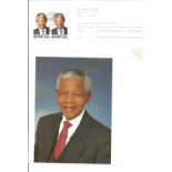 Nelson Mandella signed 7 x 5 inch colour photo with A4 page with Mandella Stamps and career details.