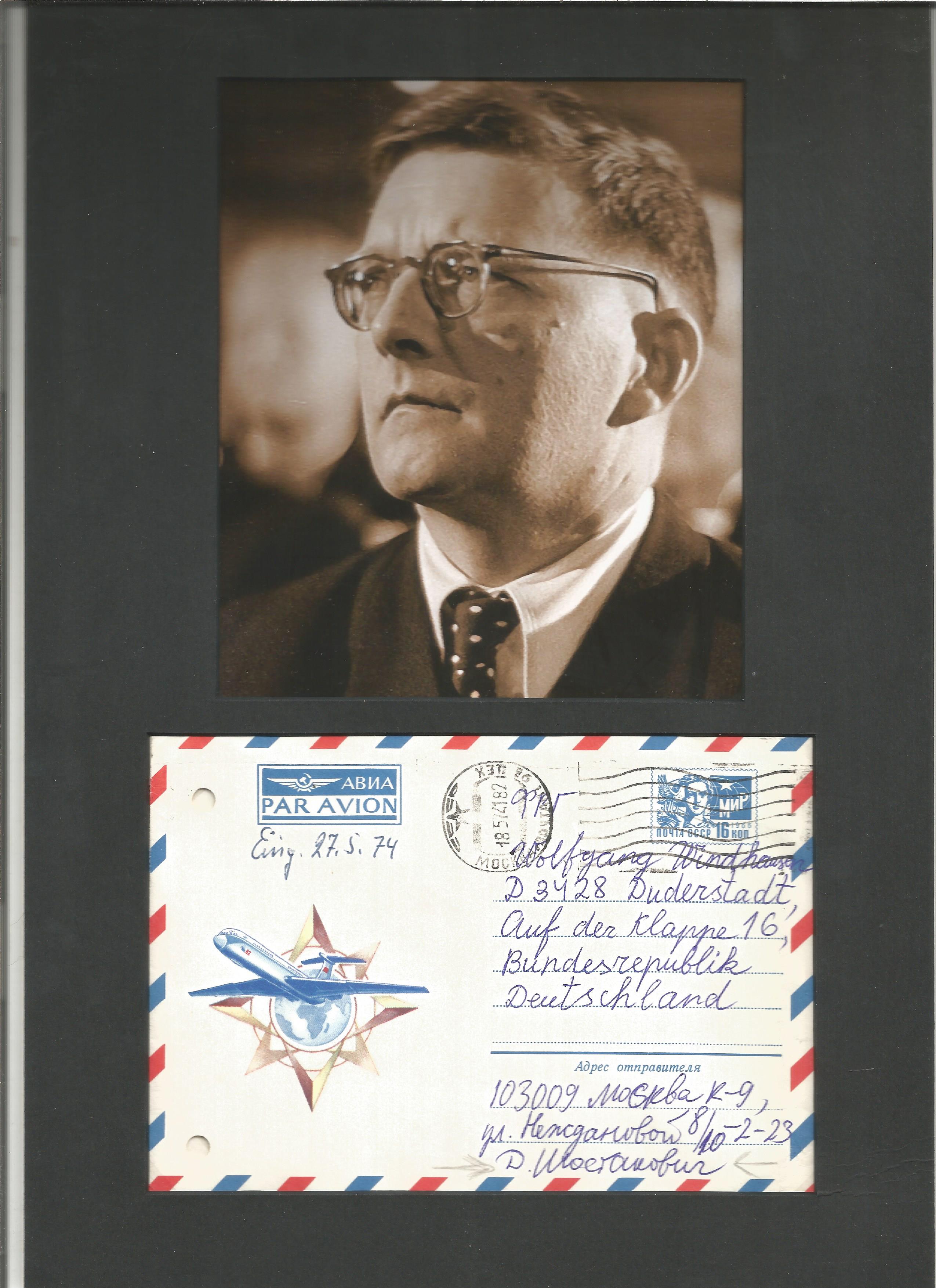 Dmitri Shostakovich hand written Airmail envelope mounted with b/w phot to approx 10 x 8 inch