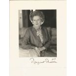 Margaret Thatcher signed white card with 6 x 4 inch b/w portrait photo affixed. Good Condition.