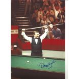 Dennis Taylor Football Autographed 12 X 8 Photo, A Superb Image Depicting Taylor Raising His Cue