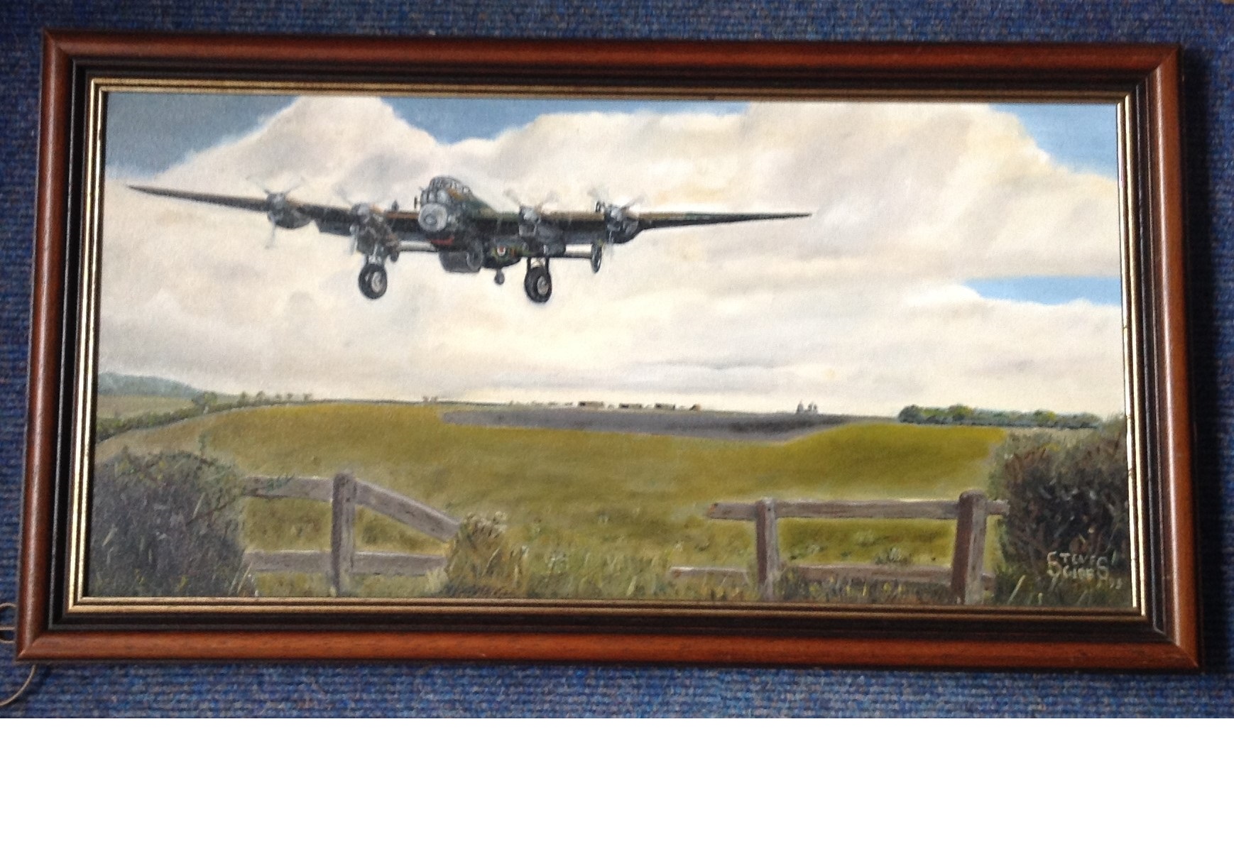 World War Two Original framed painting 14x27 on canvas Lancaster Taking Off by the artist Steve