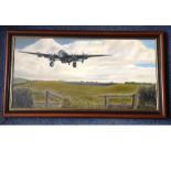 World War Two Original framed painting 14x27 on canvas Lancaster Taking Off by the artist Steve