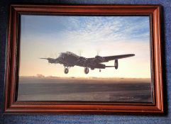 World War Two print 35x26 framed pictured Lancaster taking off during World War Two by the