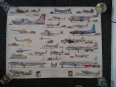 American Planes in French colours signed by artist Jean Bellis 31 x 24 inches. Over 20 Aircraft