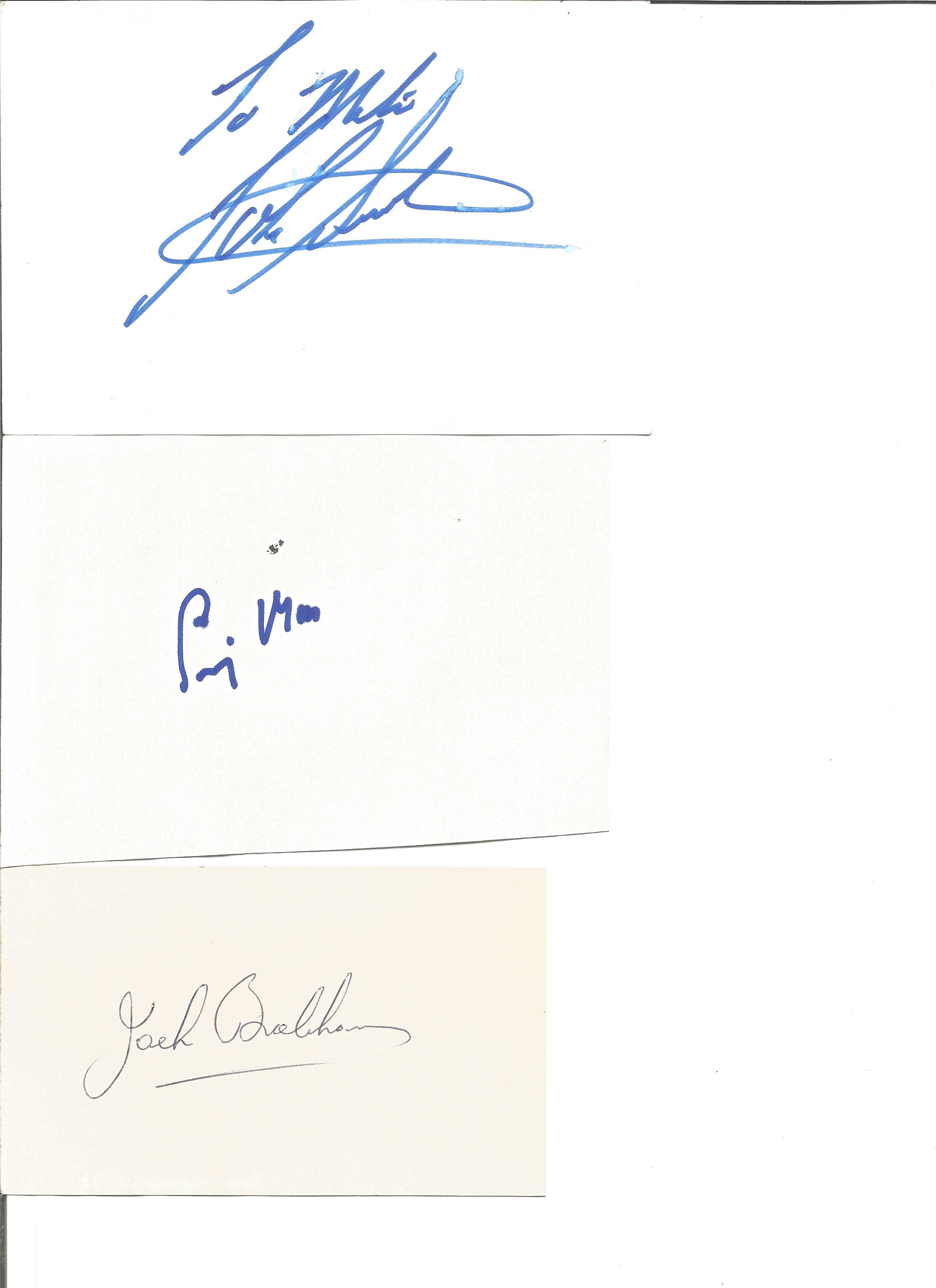 Motor Racing Stirling Moss, Jack Brabham and John Surtees signed on three white cards, Surtees to