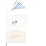 Motor Racing Stirling Moss, Jack Brabham and John Surtees signed on three white cards, Surtees to