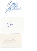 Motor Racing Stirling Moss, Jack Brabham and John Surtees signed on three white cards, Surtees to