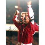 Dennis Bergkamp and Ian Wright. Arsenal Signed 16 x 12 inch football photo. Good Condition. All