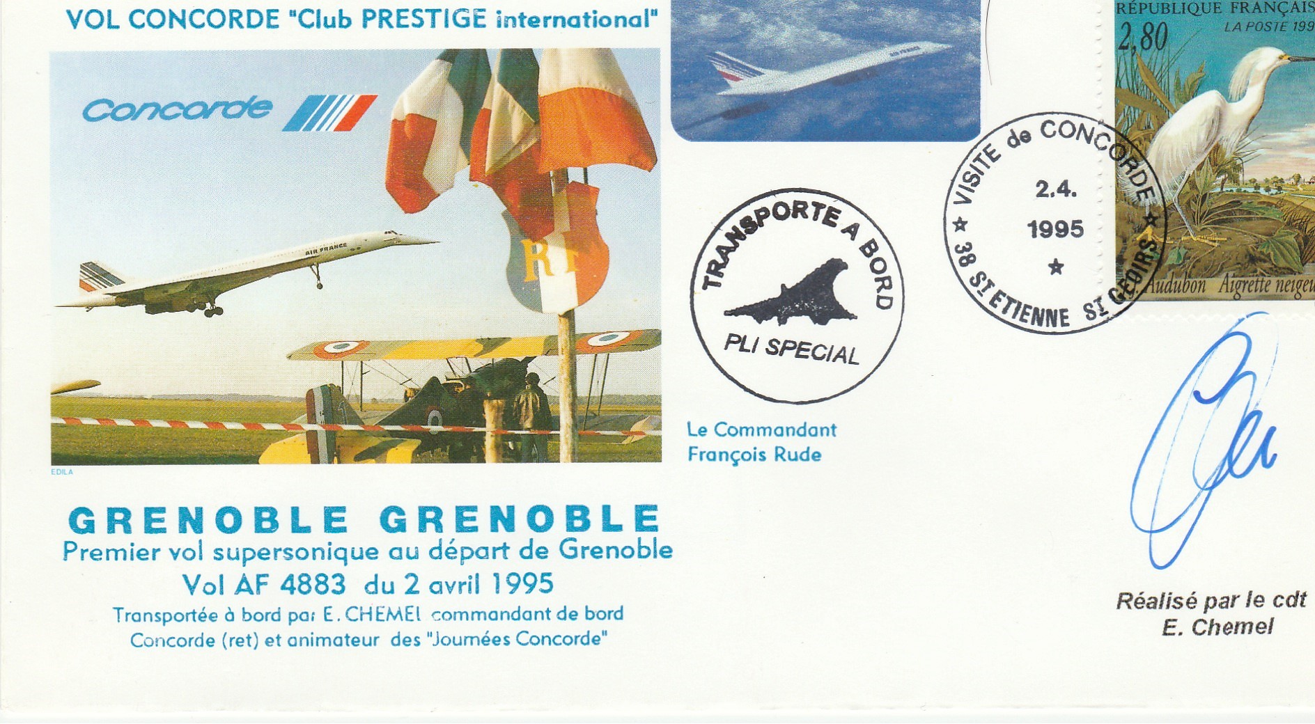 Air France Concorde cover flown on first flight 1995 Grenoble signed by Edouard Chemel. He joined