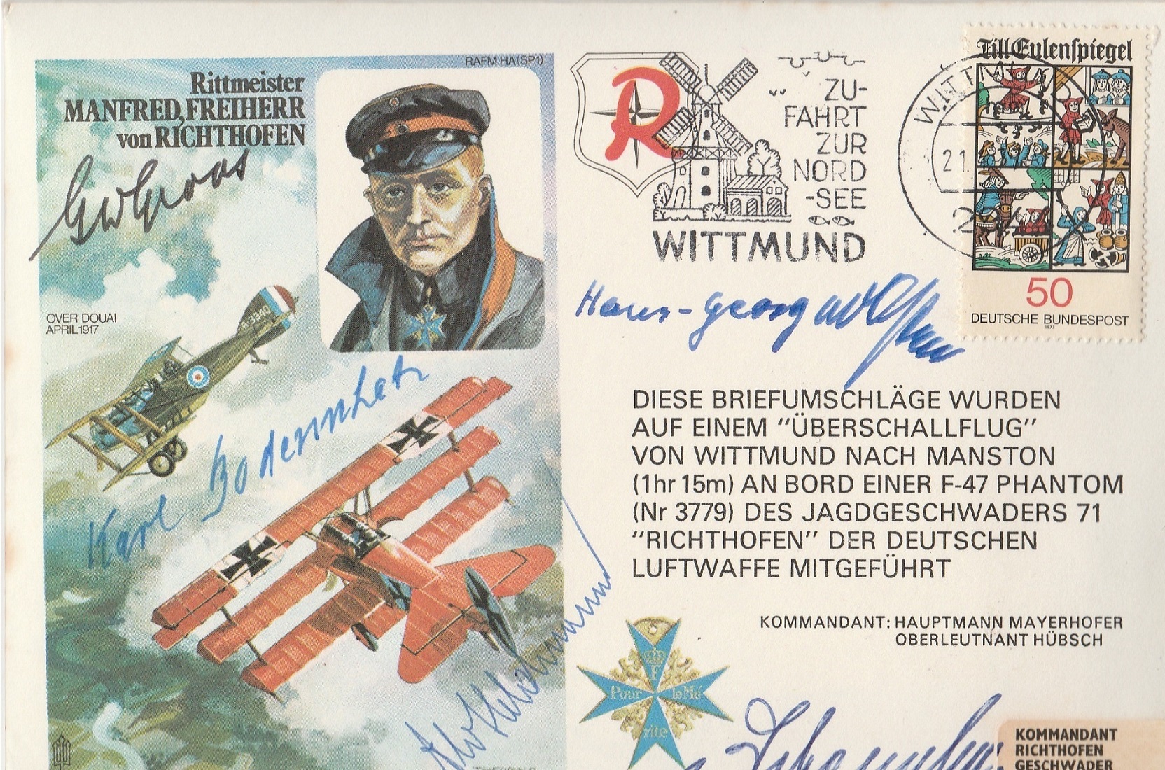 Great War German fighter aces multiple signed Baron von Richthofen cover. Signed by Lt Hans Georg