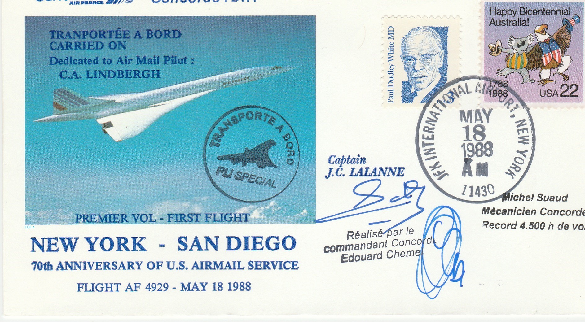 Air France Concorde cover flown on 1988 New York San Diego 70th ann US Airmail service signed by