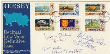 Dr Who William Hartnell, Patrick Troughton, Jon Pertwee signed 1971 Jersey definitives FDC. Good