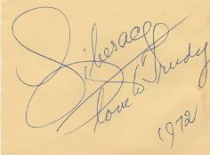Liberace signed autograph album page dated 1972, love to Trudy, has actress Jean Kent on reverse.