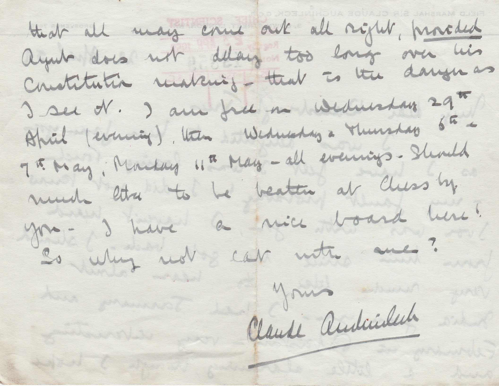 WW2 Field Marshall Claude Auckinleck hand written and signed letter 1959 on his own stationary to