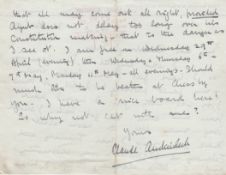 WW2 Field Marshall Claude Auckinleck hand written and signed letter 1959 on his own stationary to