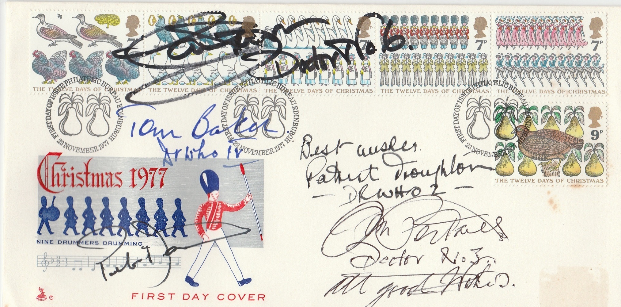 Dr Who Patrick Troughton, Jon Pertwee, Tom Baker, Peter Davison, Colin Baker signed 1977 Christmas