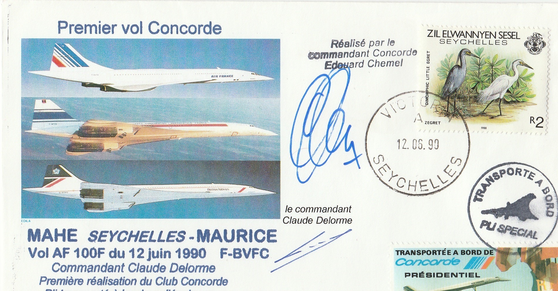 Air France Concorde cover flown on first flight 1990 Mayhe Seychelles to Maurice signed by Edouard