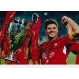 Steven Gerrard signed stunning 12 x 8 inch colour photo celebrating with the European Cup. Good