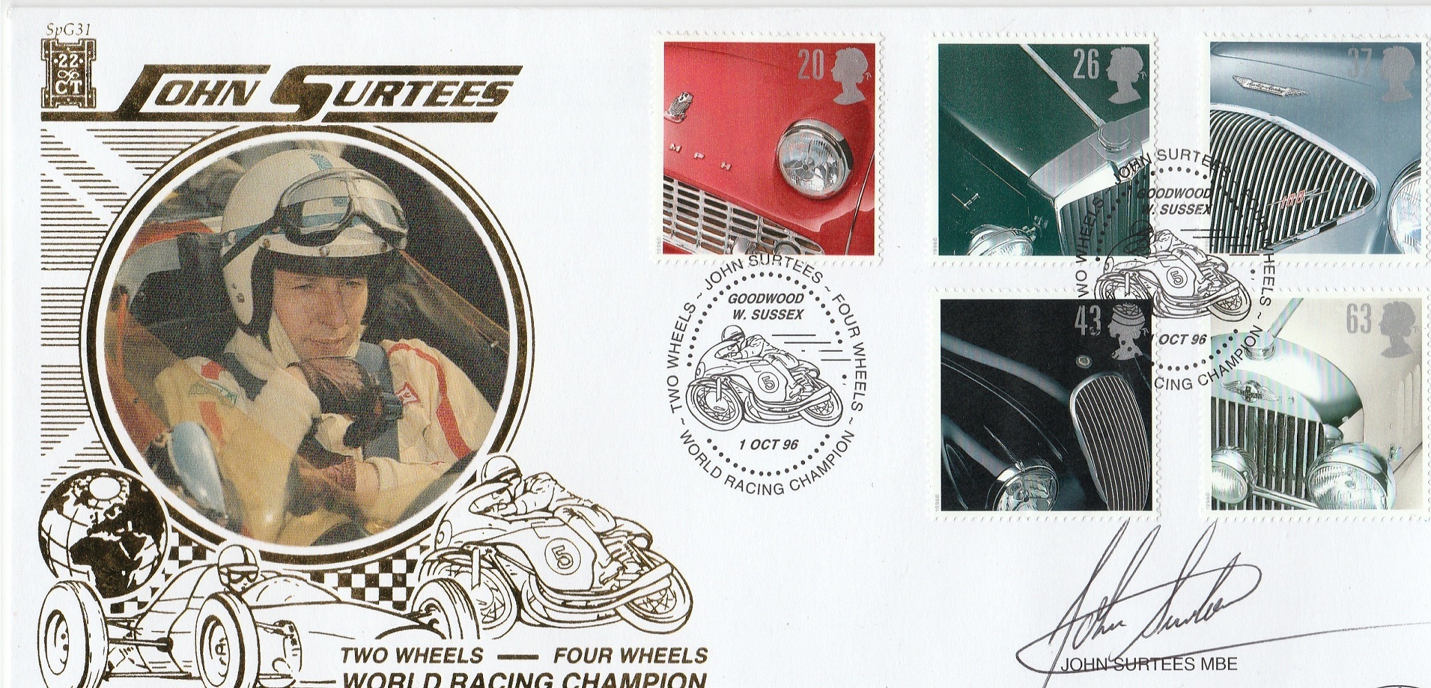 Formula 1 John Surtees signed 1996 Benham 22ct Gold official Motor Cars FDC. Good Condition. All