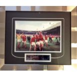 Bobby Charlton 17 X 20 professionally framed and mounted 1966 world cup winners signed colour photo.