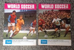 Geoff Hurst and Martin Peters signed on two 1968 World Soccer magazine front pages. Good