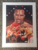 Evander Holyfield boxing champion signed 16 x 12 Leon Evans Smokin Joe colour print also signed by