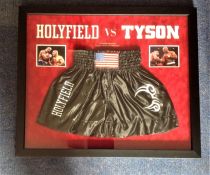 Boxing Evander Holyfield and Mike Tyson 33x28 signed mounted and framed boxing shorts superb