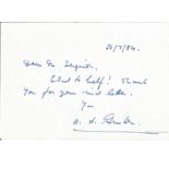 Air Commodore H A Fenton signed 5x4 inch hand written note dated 26/07/1984. Good Condition. We