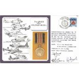 Jeff Powell, Flt Lt P W Thomas, M G Haworth signed The Award of the Military Medal FDC. 10p Jersey